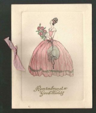 C65 - Art Deco Crinoline Lady - Vintage Folding Xmas Card - Hand Tinted