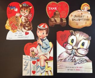 5 Fun Vintage Valentine Cards,  2 Mechanical,  1 Flat,  2 That Open