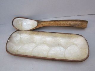 Vintage Monkey Pod Carved Wood Mother Of Pearl Shell Tray 10 " X4 " & Spoon.