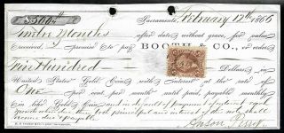Revenue On 1866 Booth & Co.  " Paid In Gold " Check Sacramento California
