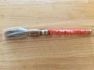 Vintage/antique Chinese Calligraphy Horsehair Brush Coral Handle 12.  5 " Long