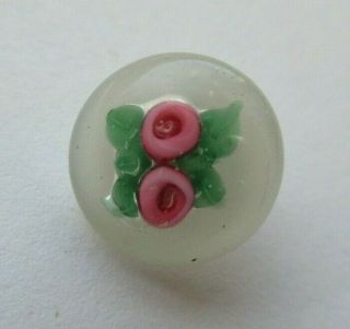 Very Pretty Antique Vtg Glass Paperweight Button W/ Pink Roses 7/16 " (c)