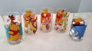 Vintage Disney Winnie The Pooh Drinking Glasses Set X 5 Juice Piglet Tigger 8 Oz