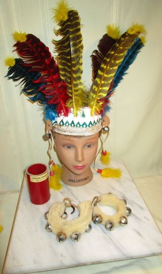 Indian Head Dress Feathers And Ankle Wrist Dance Bells