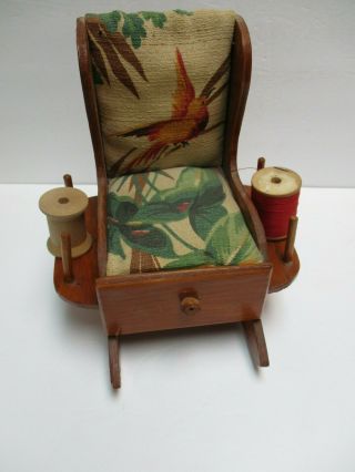Vintage Wooden Rocking Chair Pin Cushion With Drawer & Scissor Holder