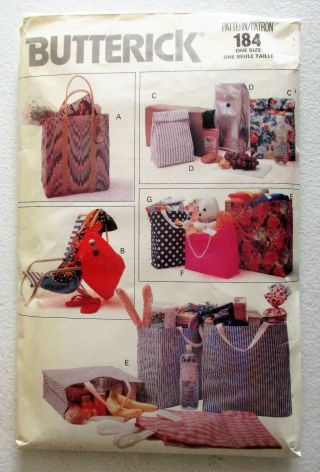 Vintage Butterick 184 Re - Usable Tote Bags,  (7 Styles) Pattern -