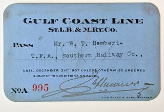 1907 Gulf Coast Line St.  Louis,  Brownsville & Mexico Railway Annual Pass Rembert