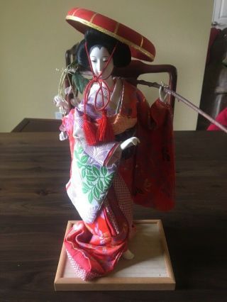 Vintage Geisha Doll On Stand With Hat And Branch - 14 Inches