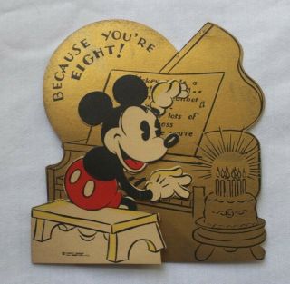 1930s Vintage Walt Disney Mickey Mouse Playing Piano Birthday Card Hall Brothers