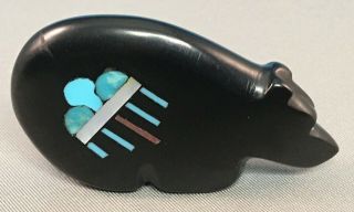 Zuni Carved Jet Bear Fetish W/ Inlaid Turquoise Rain Clouds By Emery Boone,