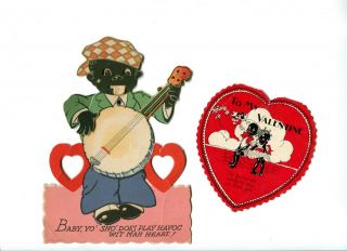 2 Vtg Valentines Cards 1930s Black Americana Playing Banjo Germany Mechanical