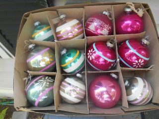 Box Of 12 Vintage Shiny Brite Christmas Ornaments: All W/ Pink In Pattern