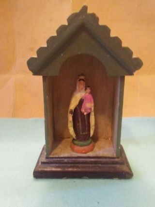 Antique Altar Standing Carved Wood Chapel Plaster Statue Virgin Mary