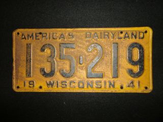 1941 Wisconsin License Plate No.  (135 - 219) 13 - 1/2 " X 6 - 1/4 "
