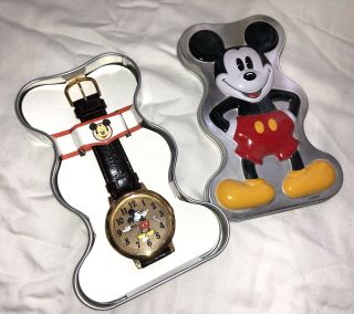Disney Vintage Gold Tone Mickey Mouse Watch.  Tin.  Leather Burgundy Band.