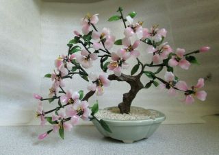 Vintage Chinese Export Pink Quartz & Jade Green Glass Bonsai Tree Celadon Pot