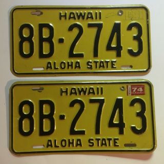 1974 Hawaii License Plate Pair Plates Yellow 1969 1970 1971 1972 1973 1975 Yom