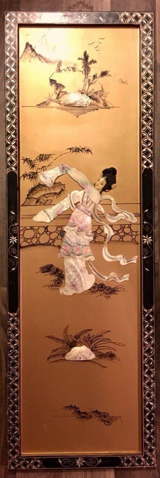 Vtg Japanese Black Lacquered Panel Mop Gold Geisha Asian Art