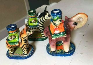 Mexico Pottery Primitive Ceramic Elephant Zebra Tiger Candle Holders Set Of 3