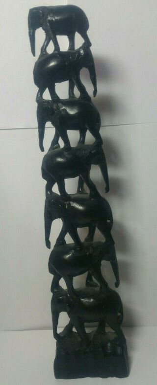 Vintage African 7 Elephants Tribal Hand Carved Folk Art Wood Carving Sculpture