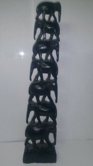 Vintage African 7 Elephants Tribal Hand Carved Folk Art Wood Carving Sculpture 4