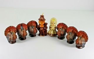 Vintage Gurley Thanksgiving Candles Pilgrim Boy And Girl And 6 Turkeys