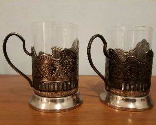 Set of 2 Russian Tea Glass Holders with Glasses,  Brass/Nickel,  Made in Russia 2