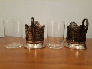 Set of 2 Russian Tea Glass Holders with Glasses,  Brass/Nickel,  Made in Russia 4