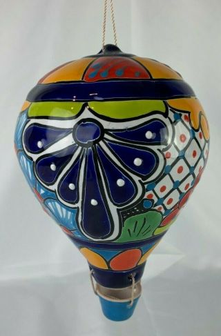 9 " Cobalt Blue Hanging Hot Air Balloon Mexican Talavera Ceramic Wall Art Decor