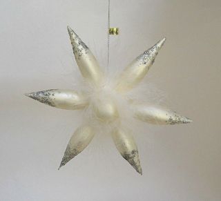 Blown Glass Snowflake Christmas Ornament Pearl White Feathers Glitter