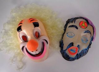 2 Vintage Halloween Masks Clown Hippie Lover Plastic
