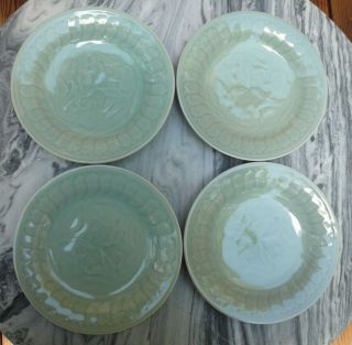 4 Chinese Longquan Celadon Green 3 Koi Fish & Lotus Flower Salad Plates 8 "