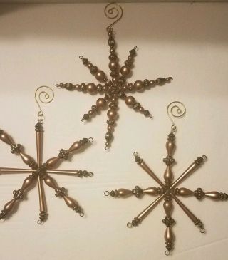 Set / 3 Round Hand Beaded Snowflake Ornaments 6 1/2 " Christmas Decor Bronze Bead