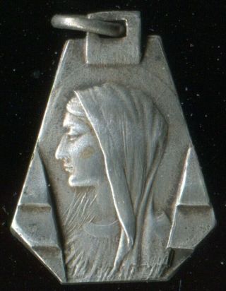 Vintage Our Lady Of Lourdes Religious Art Deco Medal/ Mary Catholic Pendant