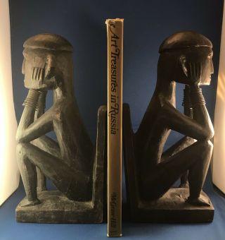 Hand Carved African Tribal Figures Solid Wood Sculpture W/metal Bookends