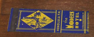 1930s Th Honolulu Hawaii Advertising Matchbook Cover Modern Hotel Crown Match Co