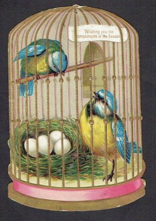 Shaped Bird Cage Victorian Christmas Card Blue Tits With Nest And Eggs Embossed