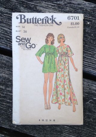 Sewing Pattern Micro Mini Or Maxi Dress/cover Up Size 14 Vintage 1970 