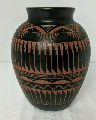 Native American Fine Art Pottery Vase Etched Signed