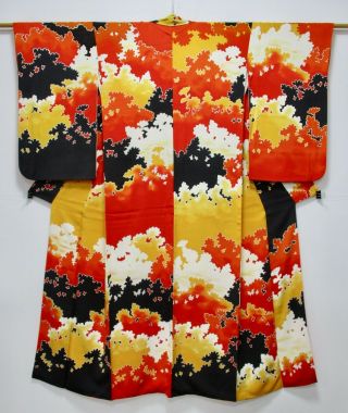 Japanese Kimono Silk Tsukesage / Middle Sleeve / Red & Black / Silk Fabric /58