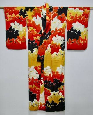 JAPANESE KIMONO SILK TSUKESAGE / MIDDLE SLEEVE / RED & BLACK / SILK FABRIC /58 2