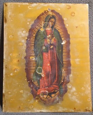 Vintage Mexican Folk Art Retablo Tin Painting Señora De Guadalupe