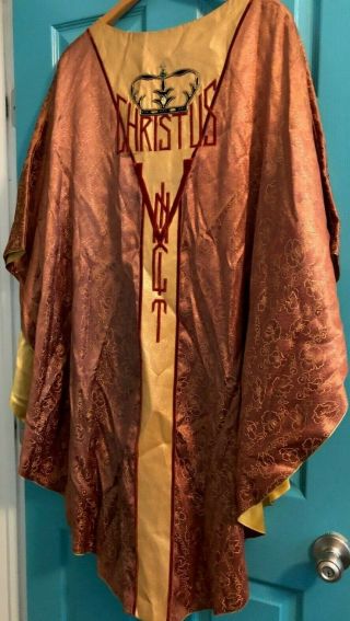 Gorgeous Vintage Catholic Priests Brown & Gold Brocade Chasuble Carmelite Made