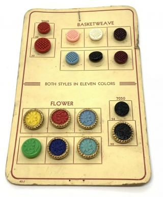 Basket Weave And Floral Vintage Salesman Sample Card Of Buttons Plastic Molded