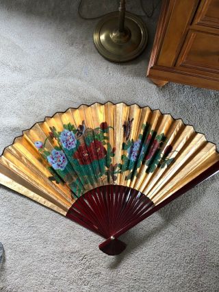 Large Oriental Vintage Hand Painted Chinese Fan Decorative Wall Hanging Art