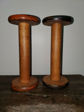 Vintage Set Of 2 Wooden Industrial Textile Spools Bobbins Wood Bobbins