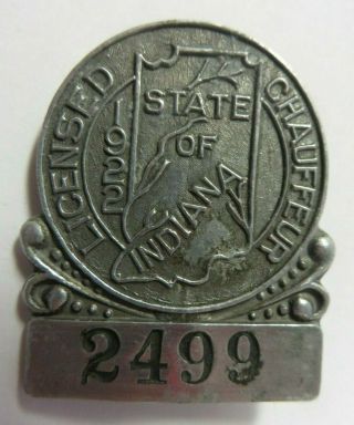 Vintage 1922 State Of Indiana Licensed Chauffeur Badge No.  2499 Driver Pin