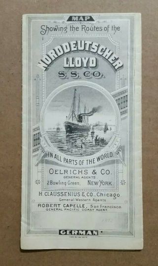 Norddeutscher Lloyd Steam Ship Co. ,  Foldout Brochure With Map,  Vintage 1892