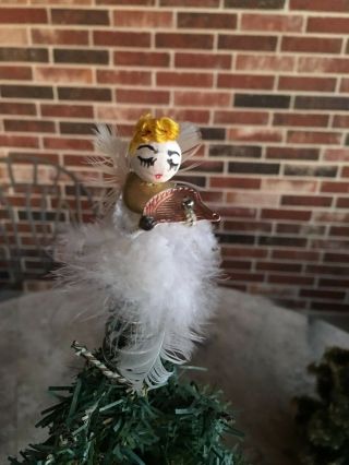 Vintage 1950s Angel White Feather Tree Topper Ornament,  Harp,  Spun Cotton,  Mini 3 "