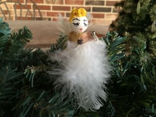 Vintage 1950s Angel White Feather Tree Topper Ornament,  Harp,  Spun Cotton,  Mini 3 
